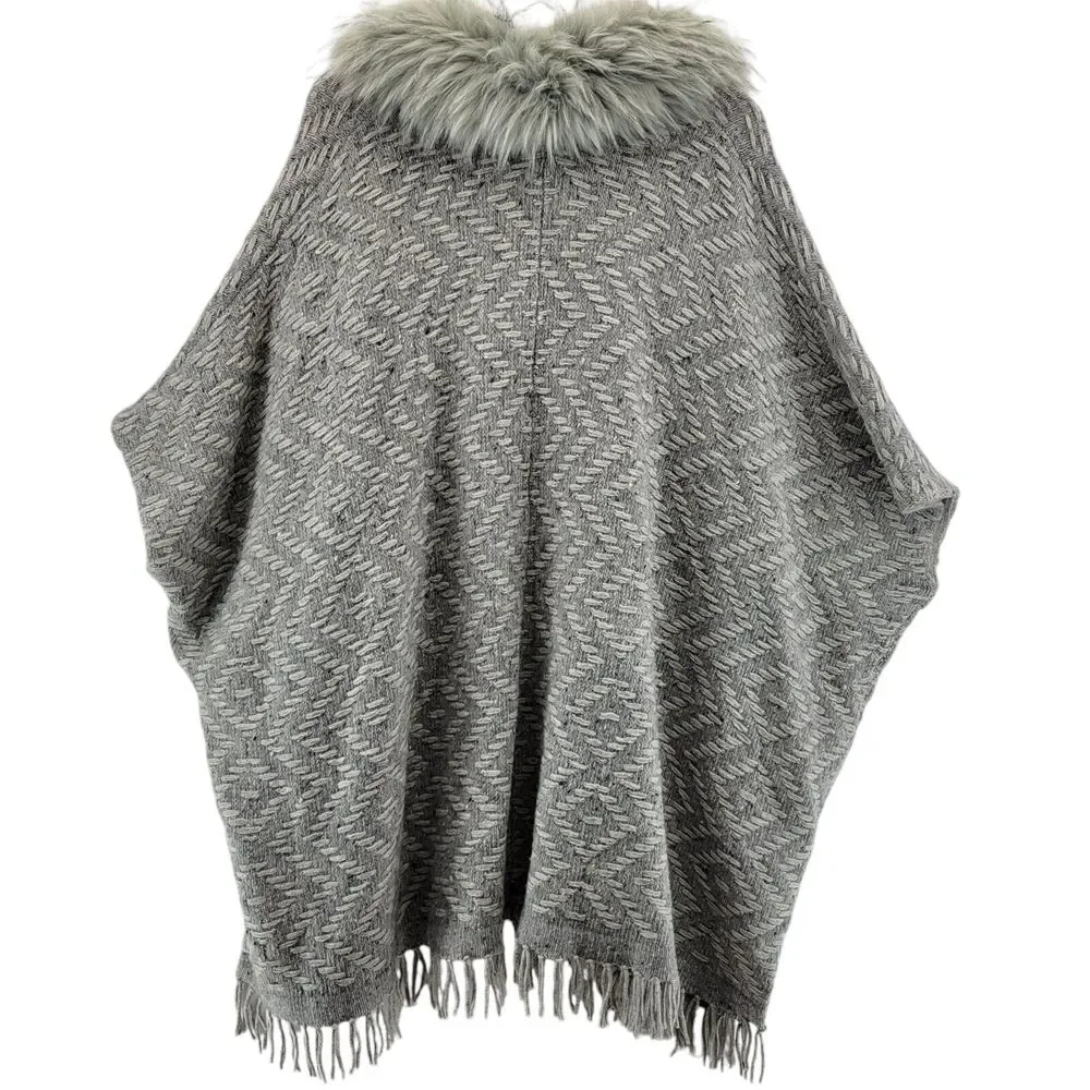 Joie Poncho Womens Medium Large Wool Yak Faux Fur Collar Gray Chunky Knit Zipper
